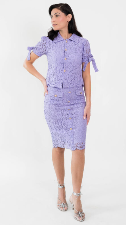 Work Attire Lace Purple Pencil Skirt with gold buttons.